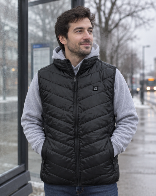Man wearing the Radiance black heated vest over a grey hoodie at a bus stop on a cold morning