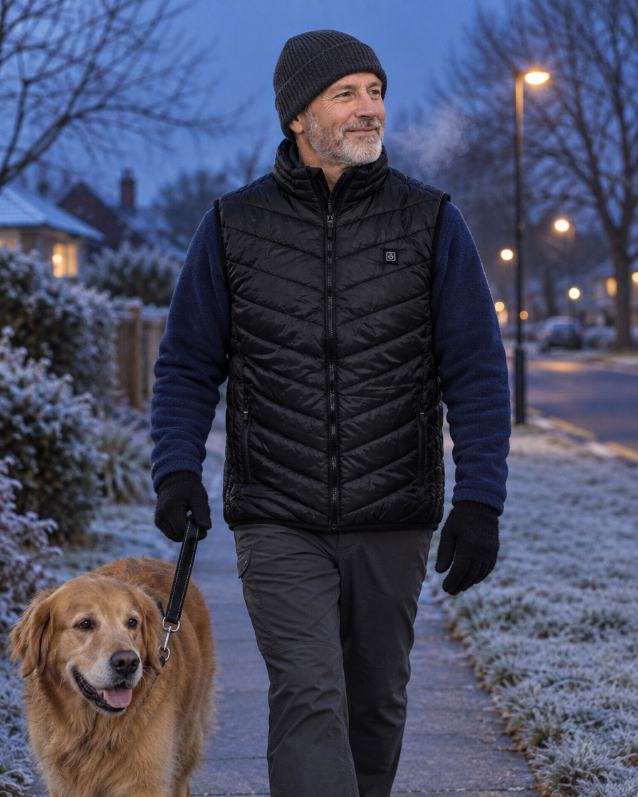 Man walking a golden retriever at dawn wearing the Radiance heated vest