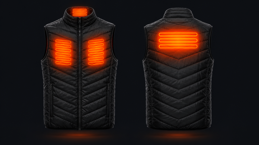 Illustration of where the heat panels sit in the Radiance heated vest, front and back