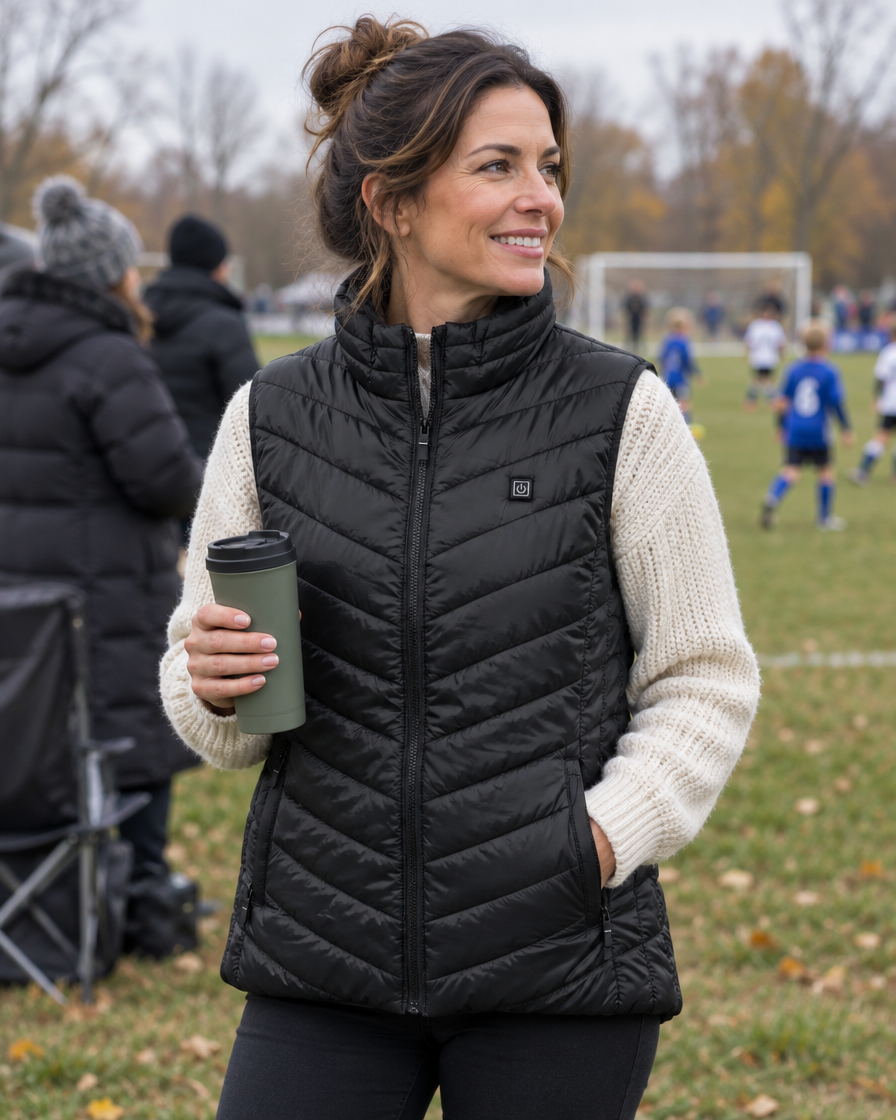 Woman in the Radiance heated vest watching a youth soccer game