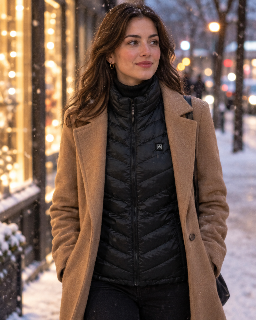 Woman walking home in the snow with the Radiance heated vest under an open coat